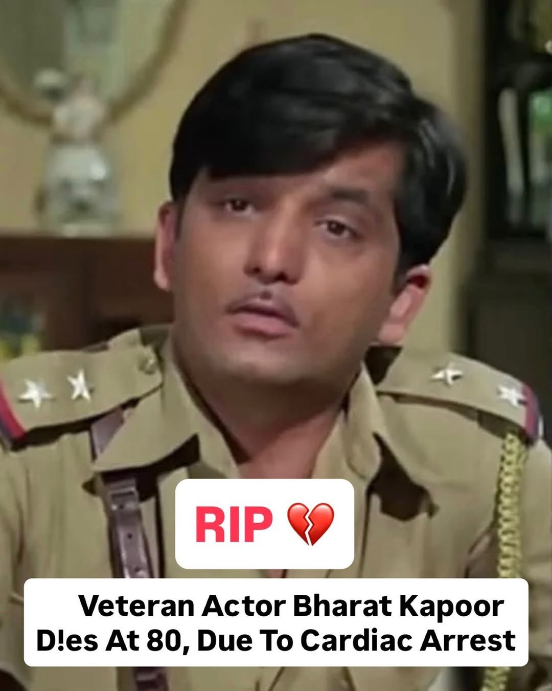 Photo by Instant Bollywood on April 28, 2026. May be a meme of one or more people and text that says 'RIP Veteran Actor Bharat Kapoor D!es lesAt80,DueToCardiacArrest At80, At 80, Due To To Cardiac Arrest'.