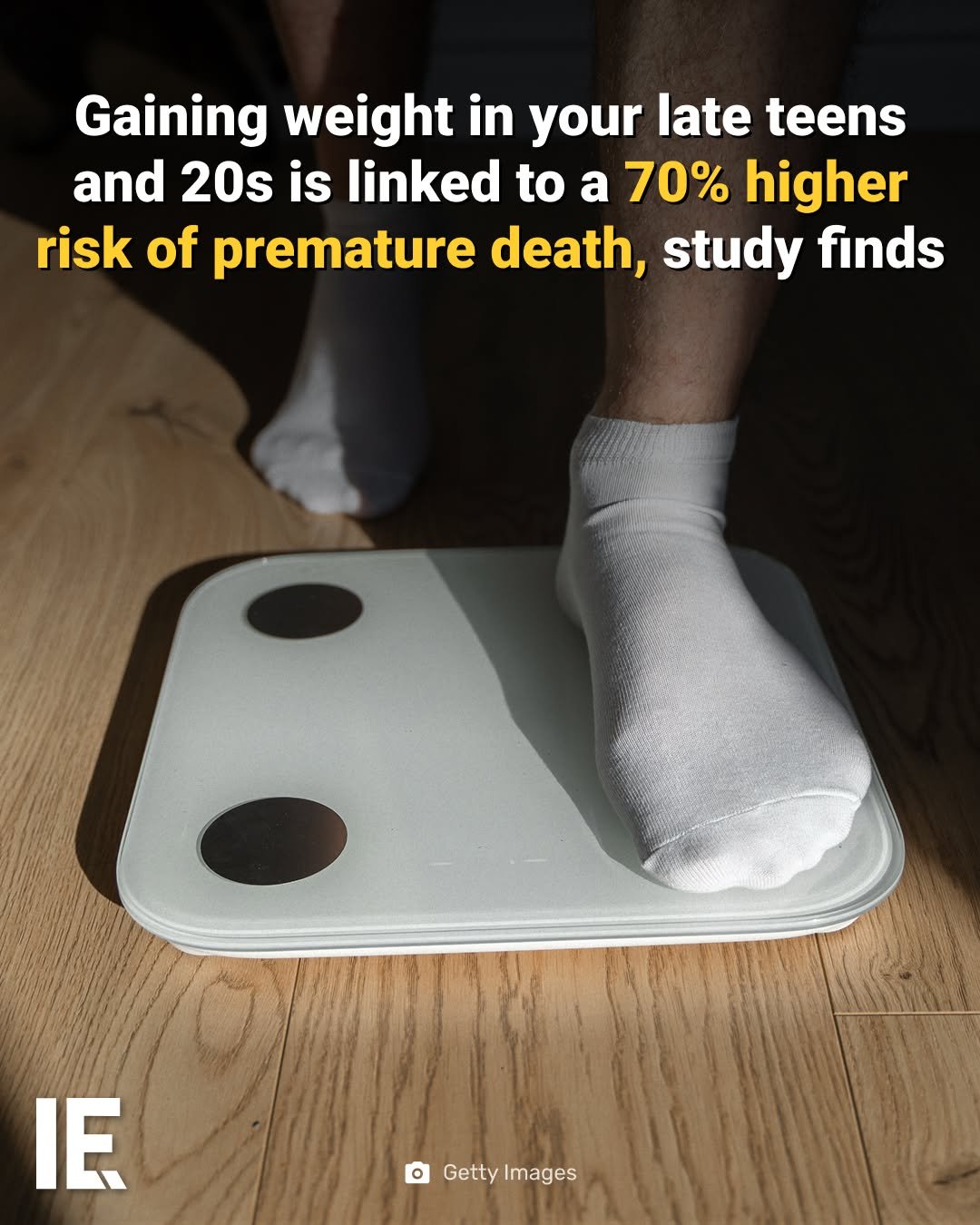 Photo by Interesting Engineering on April 27, 2026. May be a meme of scale and text that says 'Gaining weight in your late teens and 20s is linked to to a 70% higher risk of premature death, study finds IE O o GettyImages Getty Images'.