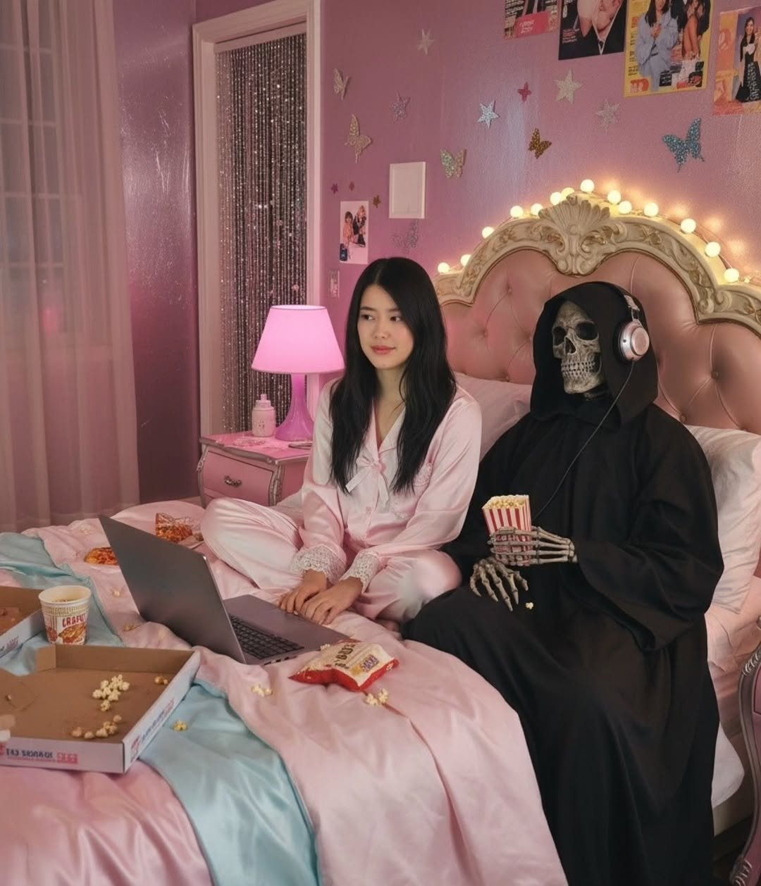 Photo by 이태이(tae) | 다이어트하는 콘텐츠PD on October 31, 2025. May be an image of one or more people, makeup, sleepwear, skull, bed, robe, bath robe and text.