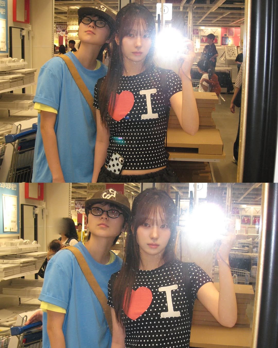 Photo shared by 믾의 minhee on July 13, 2025 tagging @retrieverclub_official. May be a selfie of 8 people, bangs, mirror and text.