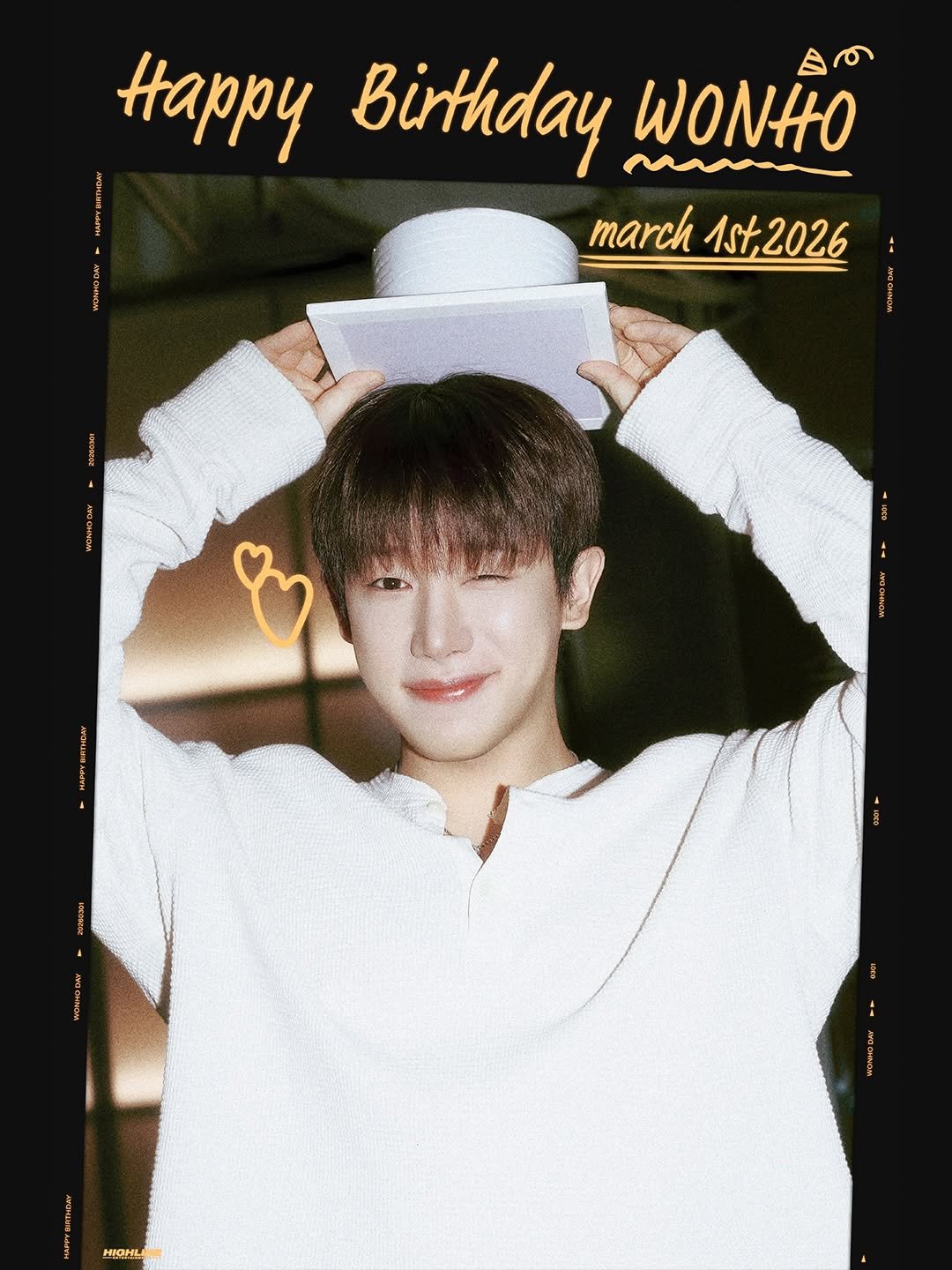 Photo shared by WONHO official on February 28, 2026 tagging @official_highline, and @iwonhoyou. May be an image of one or more people, bangs, bolo tie and text that says 'Happy Birthday WONHO 1 WINHOD march march1st,2026 1st,2026 WTHDMAY THERN WONHODNY HIONLI'.