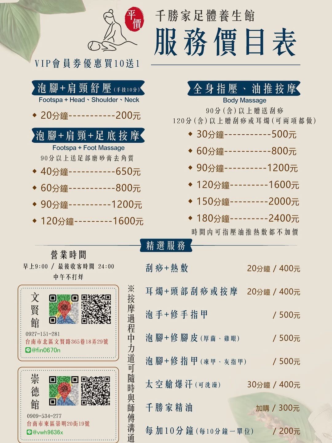Photo by 郭千雯 on November 11, 2025. May be an image of poster, calendar, crossword puzzle and text that says '千勝家足體養生館 服務價目表 VIP會員券優惠買10送1 泡脚+肩頸舒壓は 接10分） Footspa Head Shoulder Neck 20分------200元 20分鐘- 泡腳+肩頸+足底按摩 Footspa Footspa+FootMassage Foot Massage 90分以上送足部磨砂膏去角質 40分鐘---------650元 60分---------800元 90分--------1200元 1200元 ·120分-鐘-------1600元 120分 1600元 全身指壓 全身指壓、油推按摩 油推按摩 Body Massage 90分（含）以上赠送刮花 20分（含）以上贈刮部或車閣（可両項部價） 30分-鐘---------500元 -500元 60分----------80元 -800元 90分鐘--------1200元 1200元 120分鐘-------1600元 150分 150分--------2000元 2000元 180分鐘-------400元 時間内可指壓油推熱敷都不加價 精選服務 營業時間 早上9：00 最後收容時間 24:00 中午不打烊 刮痧+熱敷 20分鐘/ 20分鐘/400元 400元 文 賢 館 0927-151-281 台南市北區文賢路865巷18弄29號 @fin0670n 耳姆+頭部刮痧或按摩 ※ 按 摩 调 程 中 カ 道 20分鐘/ 400元 泡手+ 包手+修手指甲 500元 泡腳+修脚皮（呼蘭、雅 雞眼） 500元 泡腳+修指甲（車甲、灰指甲） 500元 德 館 0909-534-277 台南市東區崇明20街19號 明20街19號 0@vwh9636x 太空辦爆汗(可洗课) 随 時 與 師 傅 溝 30分鐘/400元 30分鐘/ 400元 千勝家精油 加購 300元 每加10分鐘（每10分鐘一單位） 200元'.