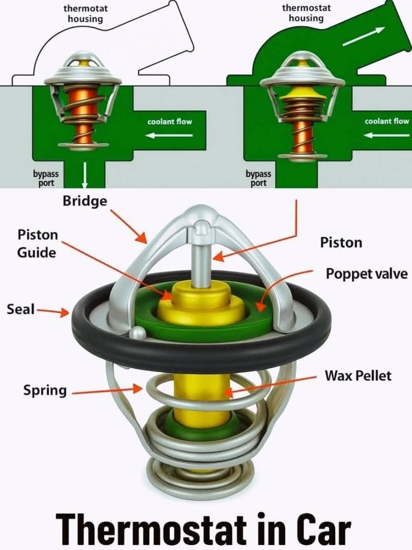 Photo by Auto | Jabalpurcarsarvice| Motors | India on December 21, 2025. May be an image of thermostat and text that says 'thermotat housing thermostat housing coolantflow coolant flow coolant flow bypass port Bridge bypass port Piston Guide Seal Piston Poppet valve Spring Wax WaxPellet Pellet Thermostat in Car'.