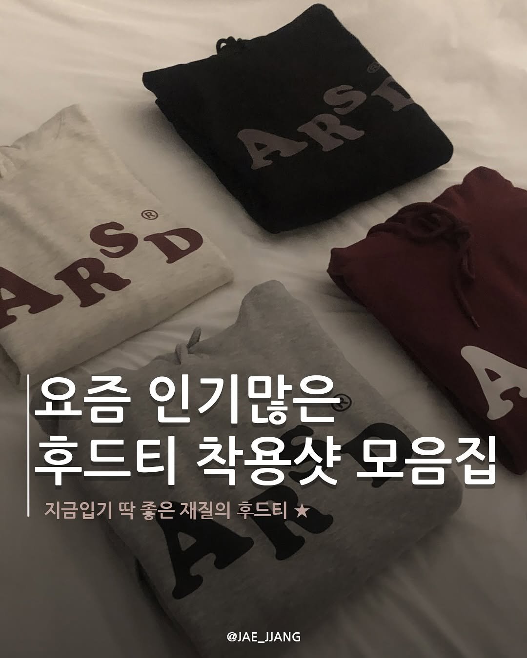 Photo shared by 재짱 on September 12, 2025 tagging @aleadysold. May be an image of text that says '55 요즘 인기많은 후드티 착용샷 모음집 지금입기 딱 좋은 재질의 후드티 @JAE_JJANG JJANG @JAE'.
