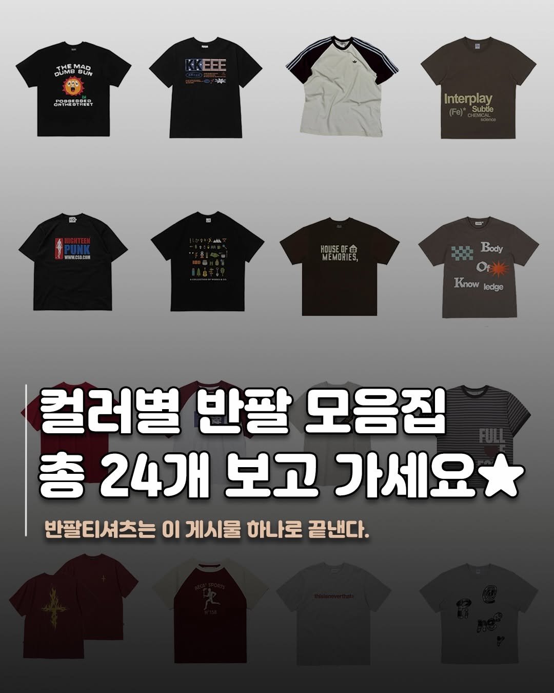 Photo by 재짱 on April 01, 2026. May be an image of text that says 'MAD SUN DUMO UM イ。だ อกาล Interplay Subile 设 Www.CIe.cOR WWN.DIO - 會 食 MEMO Body O Know ledge 컬러별 반팔 모음집 총 24개 보고 가세요 반팔티셔츠는 οι 게시물 하나로 끝낸다.'.