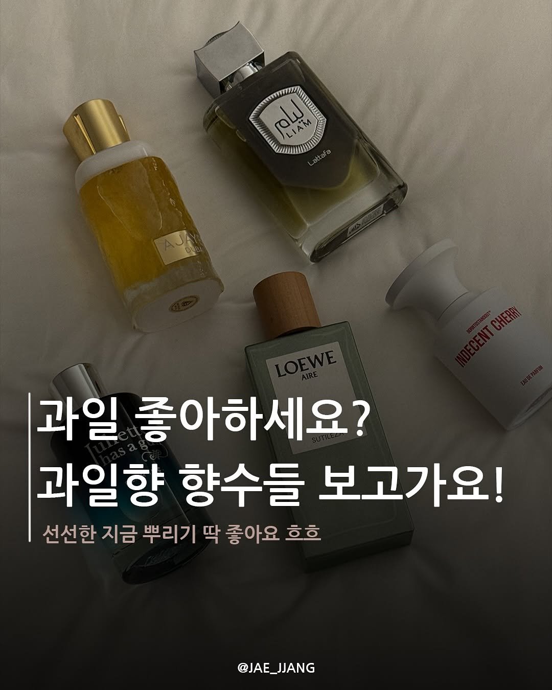 Photo by 재짱 on September 10, 2025. May be an image of hair product, fragrance, lotion and text that says 'Tolu AM 과일 좋아하세요? 과일향 향수들 보고가요! 선선한 지금 뿌리기 딱 좋아요 흐흐 @JAE_JJANG @JAE_ JANG'.
