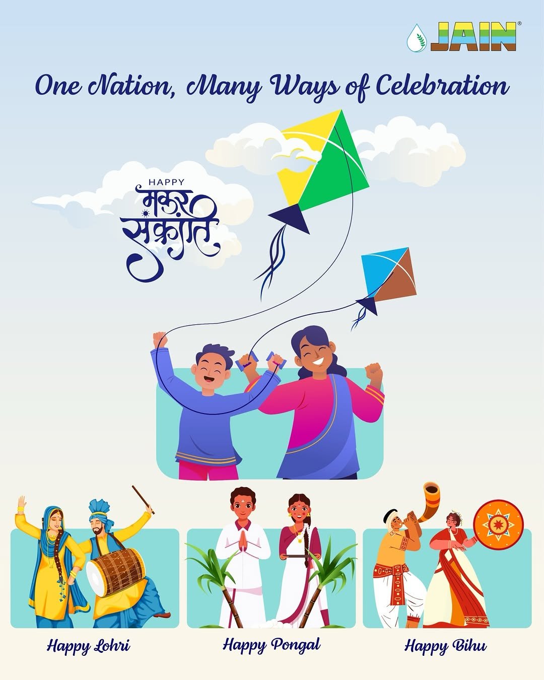 Photo shared by Jain Irrigation Systems Ltd. on January 13, 2026 tagging @betteryields_greaterprofit, @jainplumbing, @jainpipes_, and @jainsolar_. May be a doodle of card, poster, kite, calendar and text that says 'JAIN One Nation, Many Ways of Celebration HAPPY HAPPY मकुर संकगार Happy Lohri Happy Pongal Happy Bihu'.