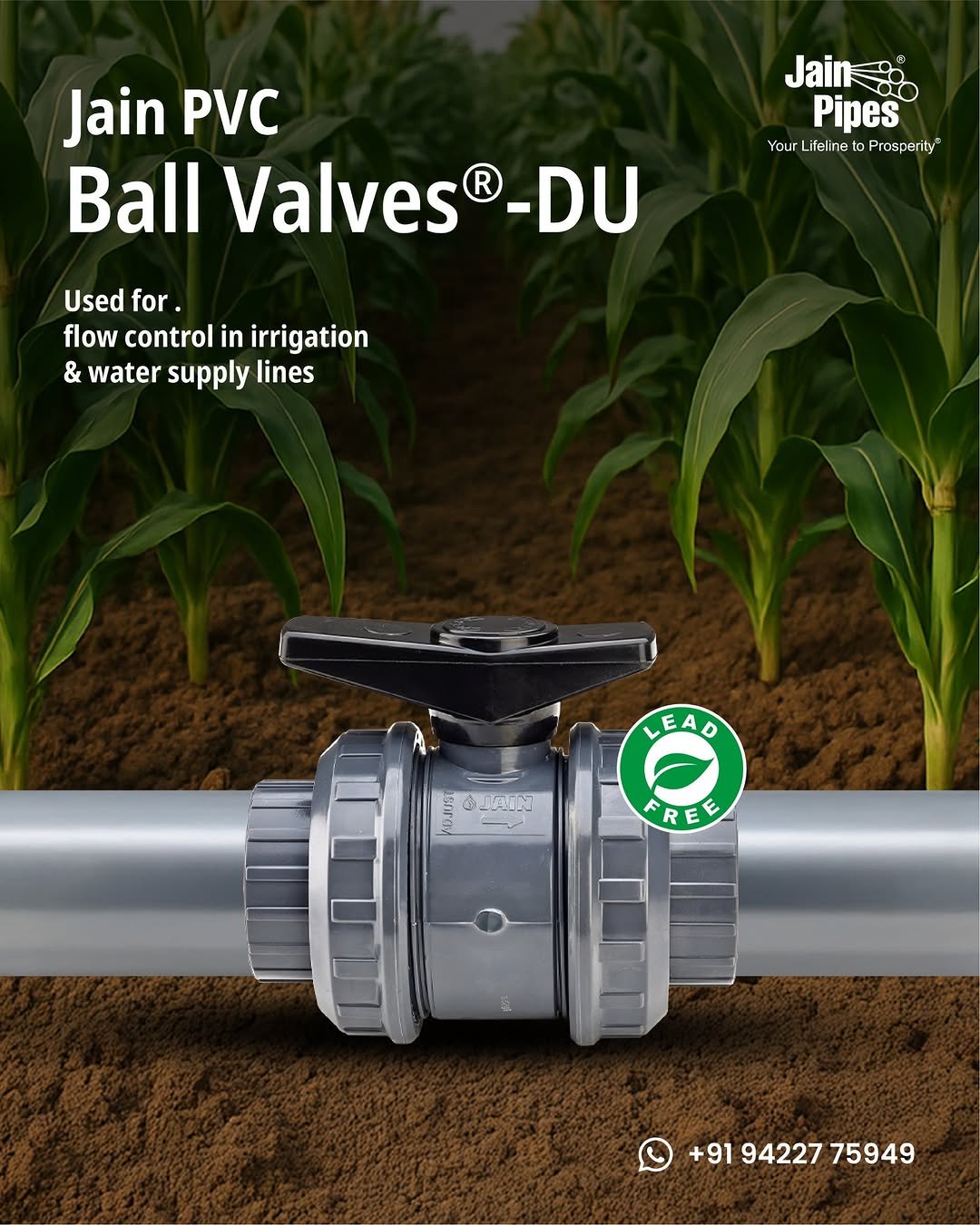 Photo shared by Jain Pipes on November 24, 2025 tagging @jainirrigation_. May be an image of water filter and text that says 'Jain PVC Ball Valves Jain Jain Pipes YourLifelinetaPrcsperity Your Lifeline 0 Prosperily -DU Used for. flow control in irrigation & water supply lines Fee LEAD ٥ RE FREE E E R +919422775949 +91 94227 75949'.