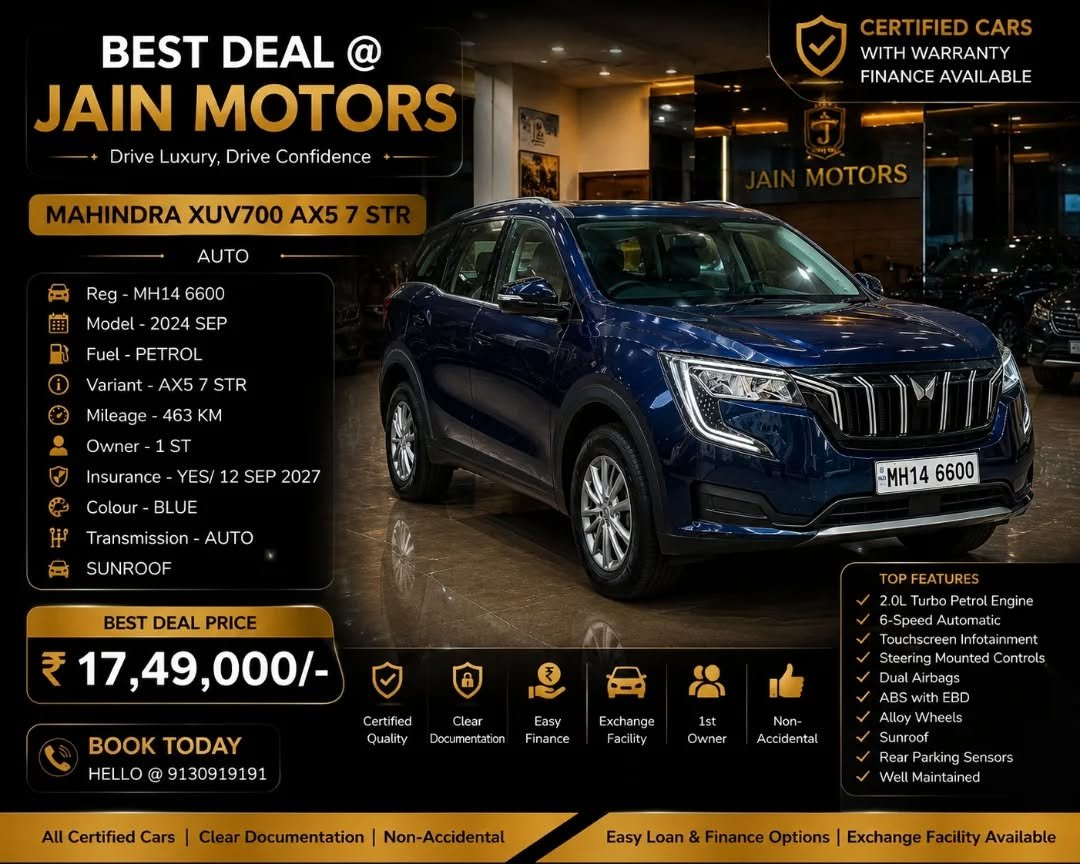 jainmotorspune91 게시물 이미지: *🚘Make*- MAHINDRA XUV700
*⛽️Fuel*- PETROL...