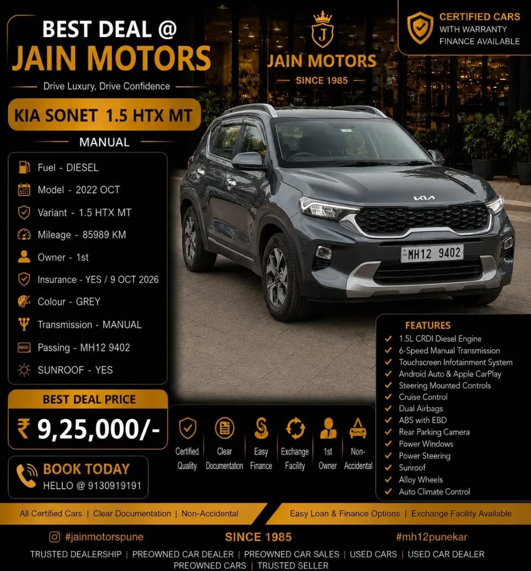 jainmotorspune91 게시물 이미지: *🚘Make*- KIA SONET 
*⛽️Fuel*-...