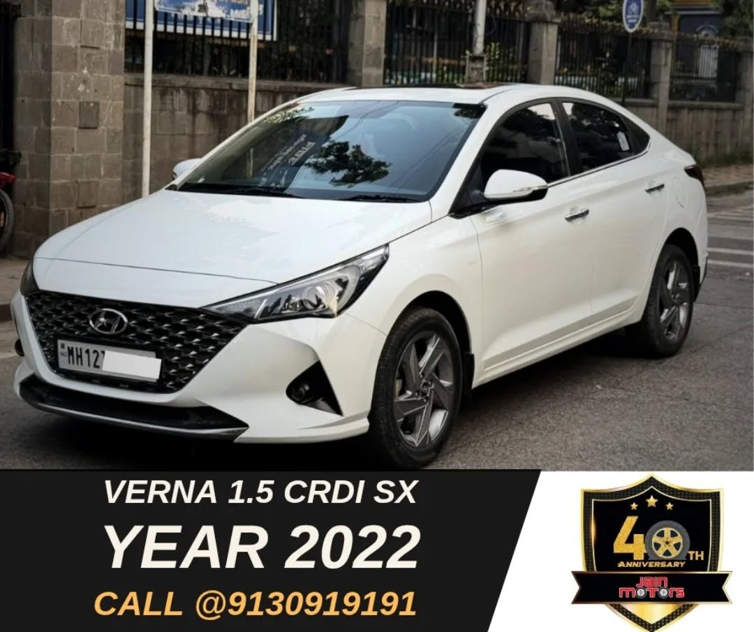 Photo by JAINMOTORS PUNE on November 12, 2025. May be an image of windshield, sedan, wheel and text that says 'ENH12 VERNA 1.5 CRDI SX YEAR 2022 CALL @9130919191 4 4 TH ANNIV ANNIVERSARY RSAR MeTers'.
