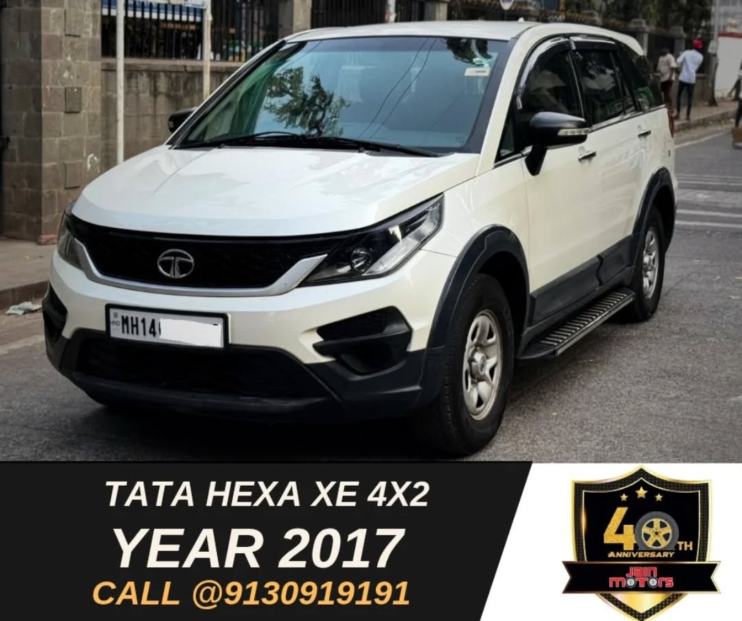 Photo by JAINMOTORS PUNE on January 11, 2026. May be an image of car, windshield, wheel and text that says 'EMH141 HH TATA HEXA TATAHEXAXE4X2 XE 4X2 YEAR YEAR2017 2017 CALL @9130919191 4天 4 TH ANNIVERSARY SAR meTors 1'.