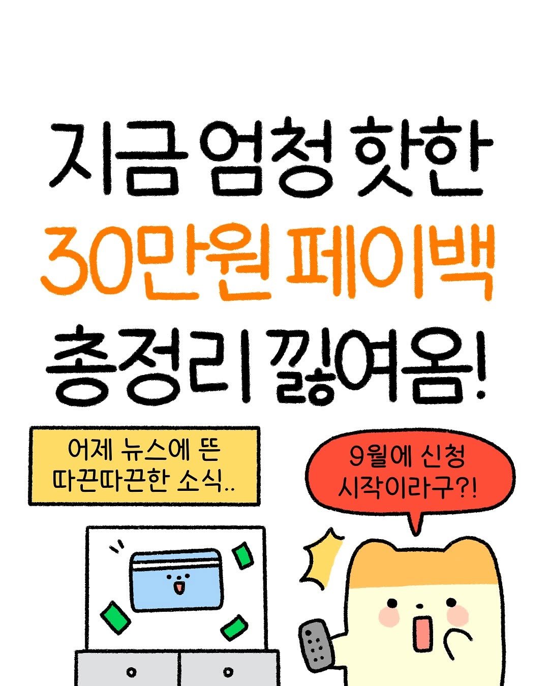 Photo by 잼비 | 재테크툰 on August 21, 2025. May be an illustration of text that says '지금엄청 엄청 핫한 30만원 페이백 총정리 끓여옴! 어제 뉴스에 어제뉴스에뜬 뜬 9월에 신청 따끈따끈한 소식.. 시작이라구?!'.