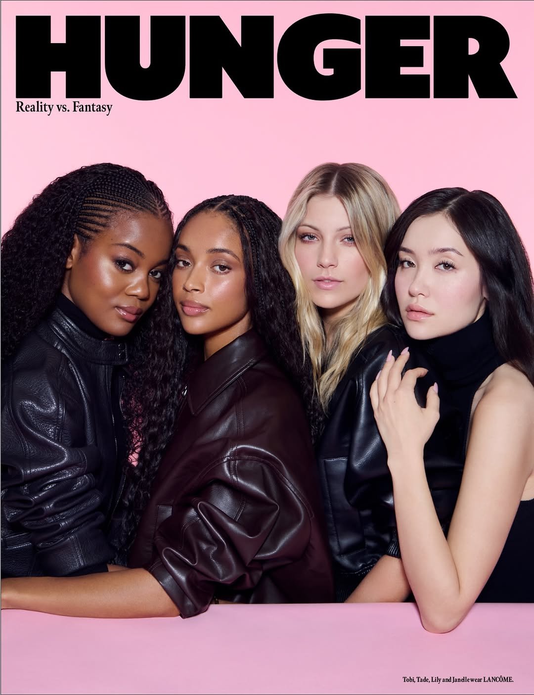 Photo shared by HUNGER Magazine on March 20, 2026 tagging @tobi_ojora, @tadeleyee, @lancomeofficial, @lilyrowland1, and @janellezharmenova. May be an image of one or more people, makeup, poster, magazine and text.