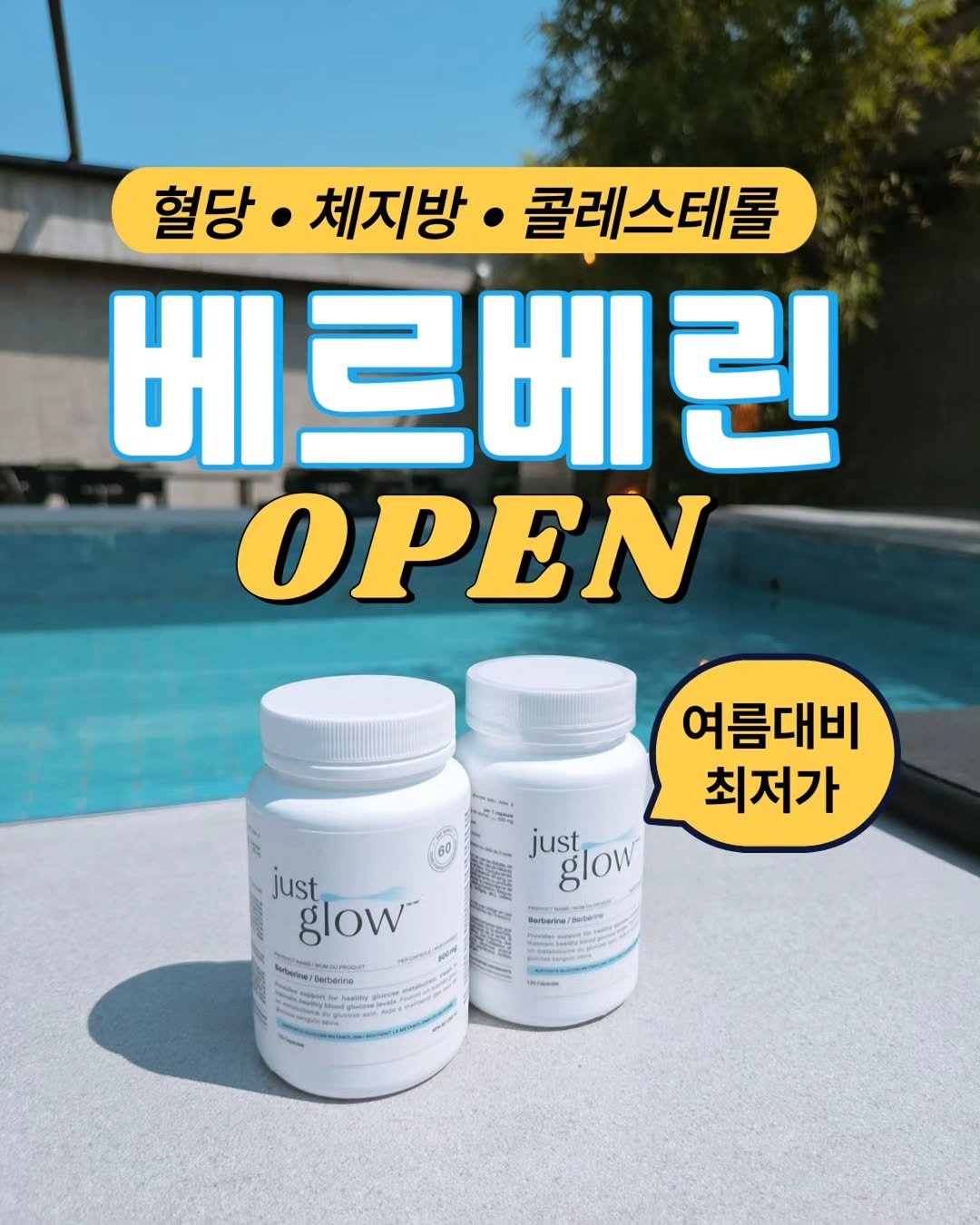 Photo by 자신있는 약상담ㅣ자신약사ㅣ허자신 on April 23, 2026. May be an image of medicine, lotion and text that says '혈당 당·체지방·콜레스테롤 체지방 콜레스테롤 베르베린 린 ΟΡΕΝ 여름대비 최저가 just glow just . juglow g p Deberre leberine Mea yo'.