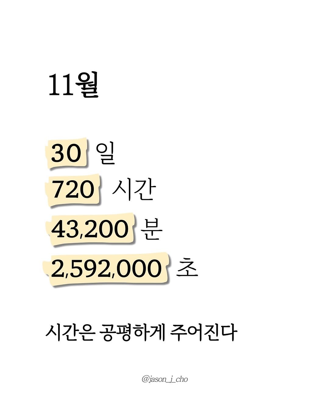 Photo by 제이슨 | 자기계발 마인드셋 동기부여 on November 01, 2025. May be an image of text that says '11월 30일 30 일 720 시간 43,200 분 2,592,000 초 시간은 공평하게 주어진다 @jason_icho'.