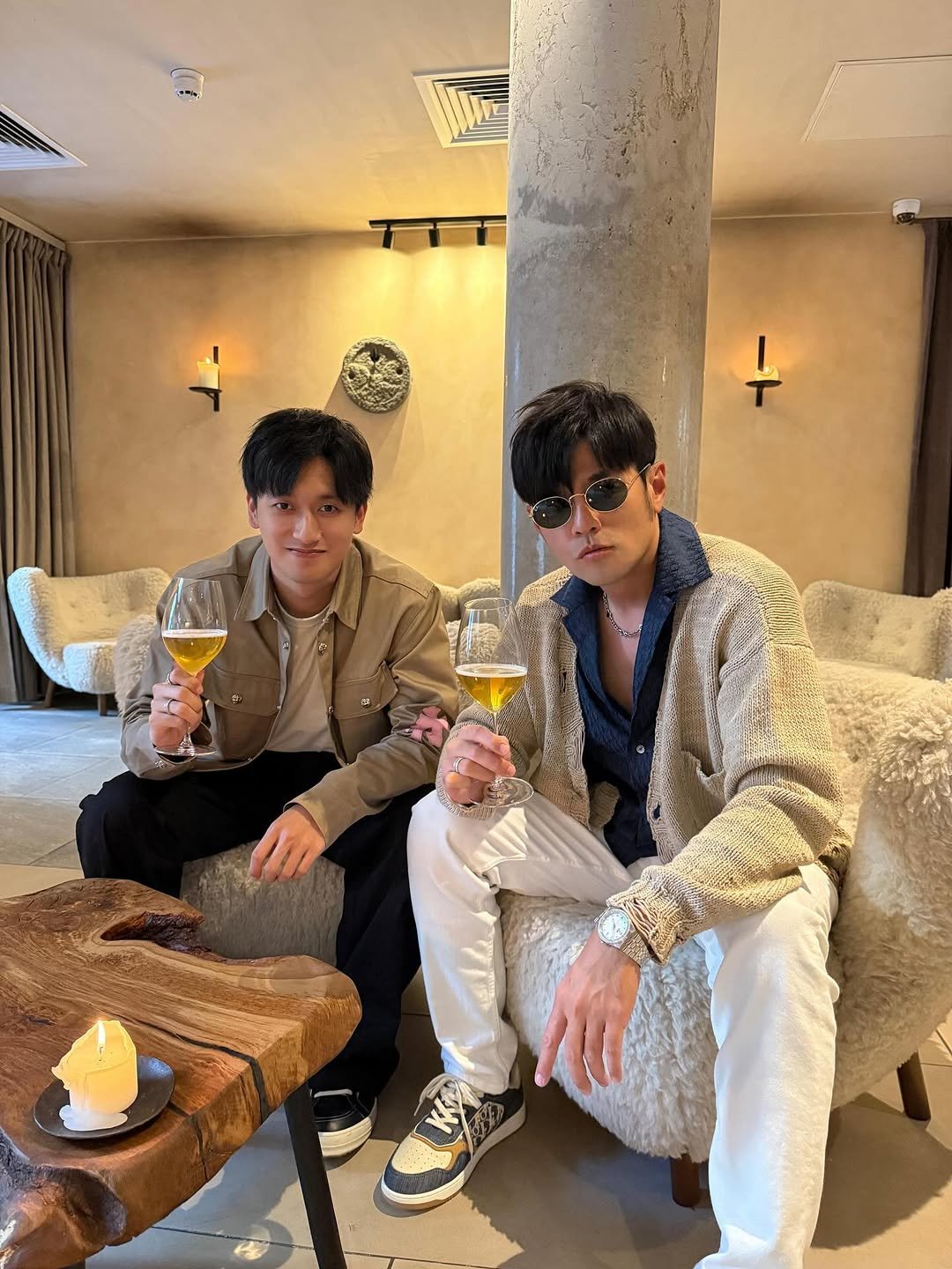 Photo shared by 周冠宇 | Zhou Guanyu 🇨🇳 on July 17, 2025 tagging @zhouguanyu24, and @jaychou. May be an image of 2 people, champagne, suit and text that says 't'.