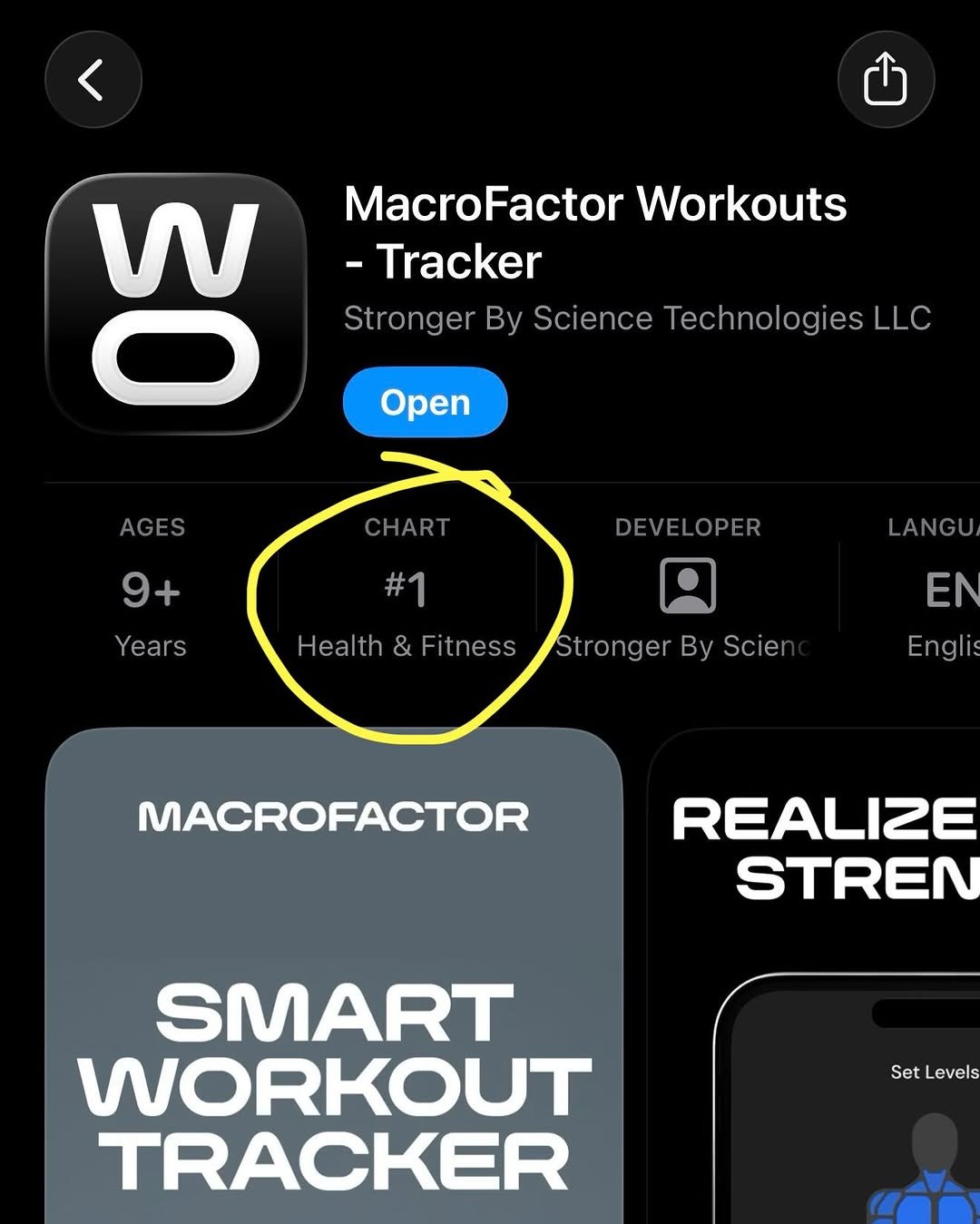 Photo shared by Jeff Nippard on January 13, 2026 tagging @macrofactorapp. May be an image of sports equipment, timer and text that says 'MacroFactor Workouts -Tracker Stronger By Science Technologies LLC Open 30 CHART DEVELOPER AGES AGES 9+ #1 Years Health YeasHeathssr & Fitness Stronger By Scie LANGU EN Engli MACROFACTOR REALIZE STREN SMART WORKOUT TRACKER Set Levels'.