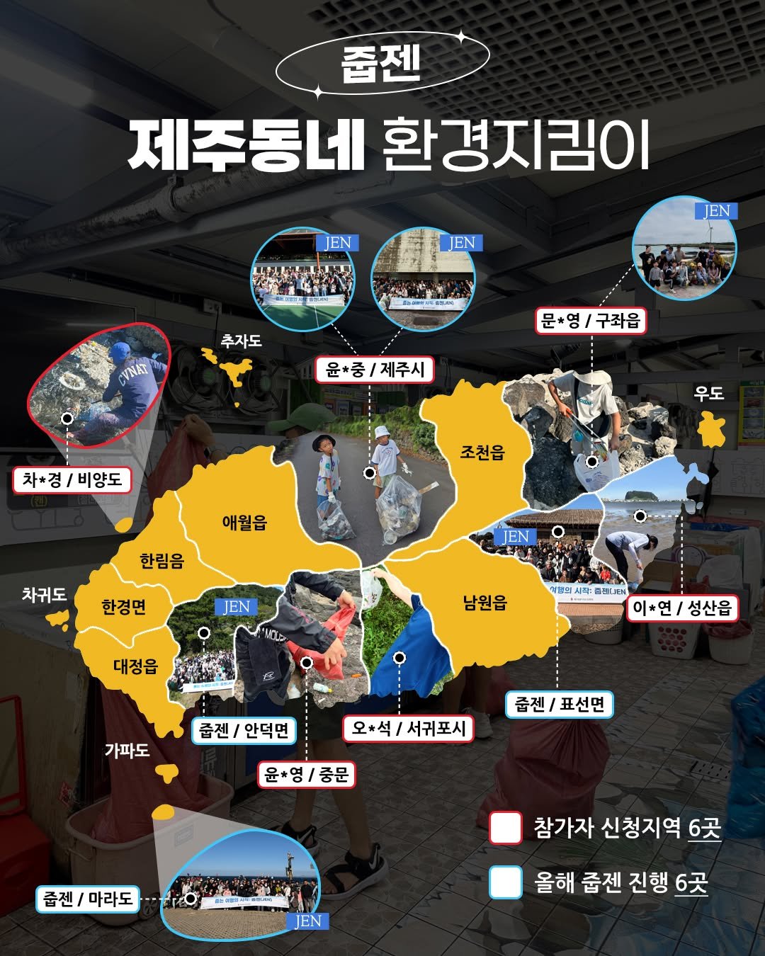 Photo by 제주관광협회(여기바로제주) on December 14, 2025. May be an image of text that says '줍젠 제주동네 환경지림이 JEN JEN 다는~ .그브당 JEN で-8 추자도 YNAT 문*영/구죄읍 윤*중/제주시 윤*중/ /제주시 차*경/비양도 차*경 비양도 우도 조천읍 애월읍 한림음 차귀도 JEN 한경면 JEN KACb 대정읍 남원읍 석방업 작: ЛH 이*연/성산읍 이 *연 성산읍 가파도 줍젠/안덕면 줍젠\/ 안덕면 오*석 오*석\/서귀포시 서귀포시 줍겐/표선면 줍젠\/ 표선면 윤*영 윤*영/중문 영 중문 줍젠/마라도 마라도 줍젠/ 町期原.限の限3 참가자 신청지역 6곳 JEN 올해 줍젠 진행 6곳'.
