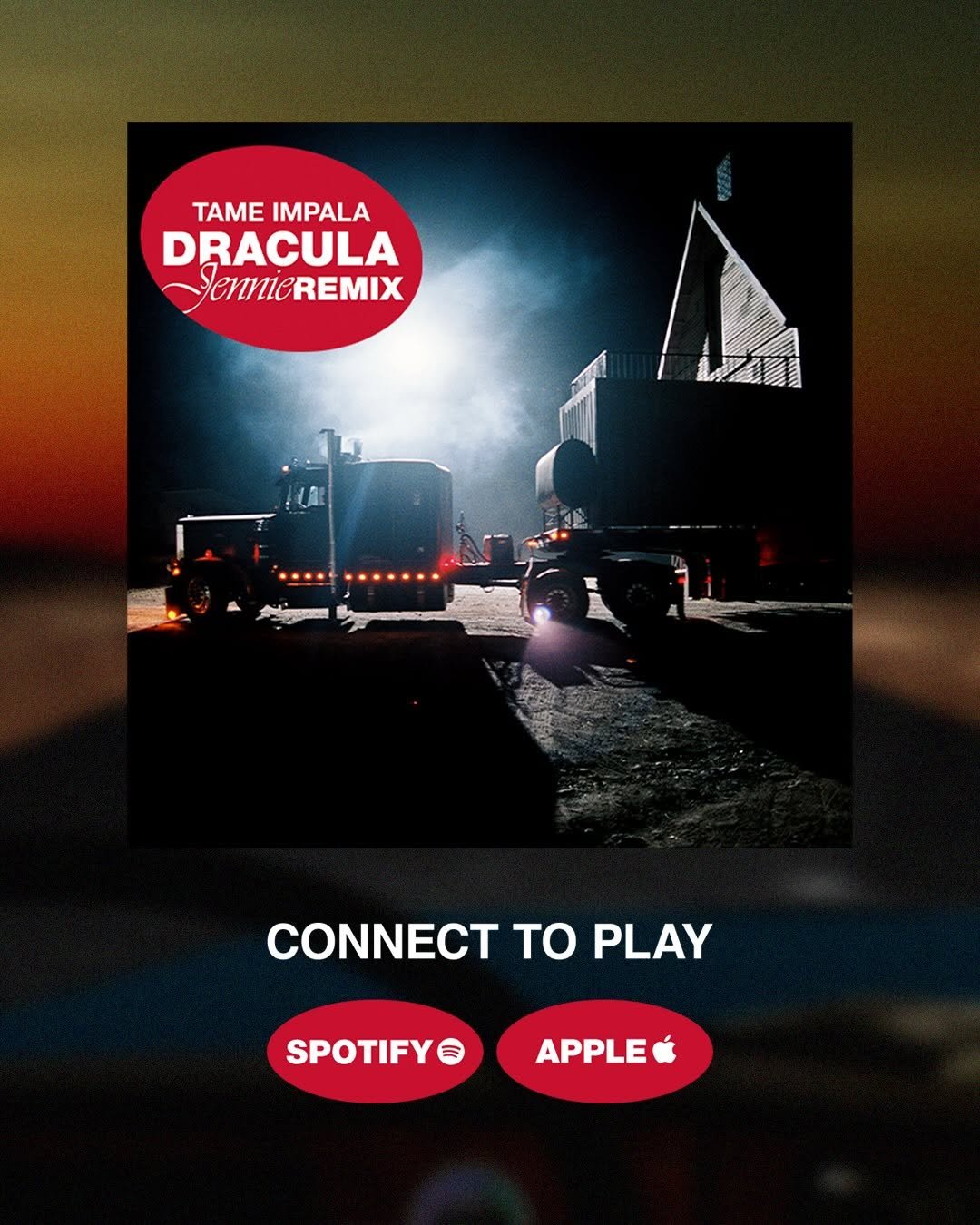 Photo shared by JENNIE HQ on March 30, 2026 tagging @tameimpala, and @jennierubyjane. May be an image of poster and text that says 'TAMEIMPALA TAME IMPALA DRACULA ennieREMIX LZTA 1 CONNECT ΤΟ PLAY SPOTIFY APPLE'.