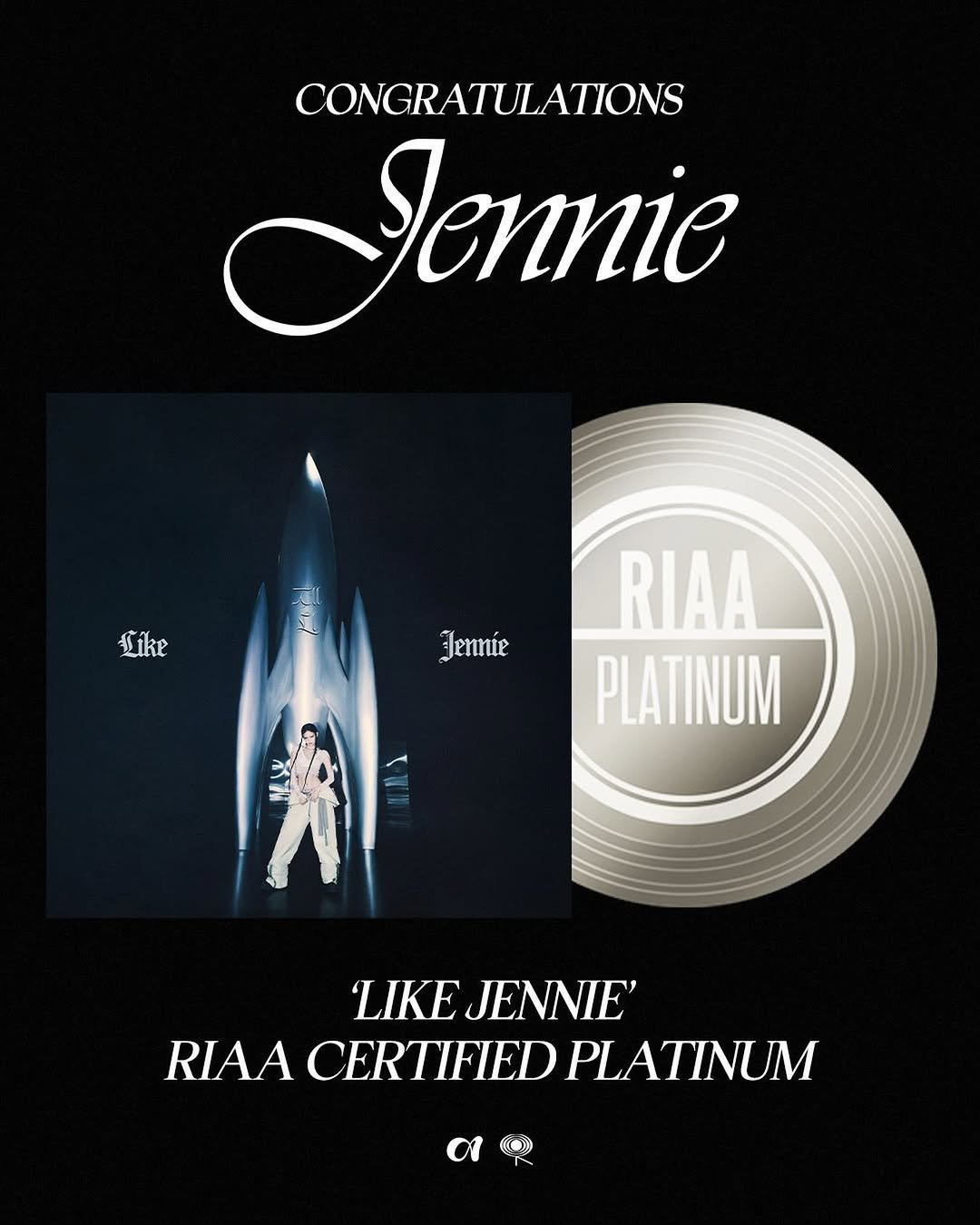 Photo shared by JENNIE HQ on March 19, 2026 tagging @jennierubyjane. May be an image of poster and text that says 'CONGRATULATIONS Jennie Like Jennie RIAA PLATINUM LIKEJENNIE' LIKE JENNIE' RIAA CERTIFIED PLATINUM 01'.