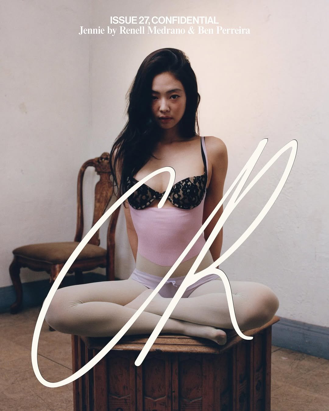 Photo by JENNIE HQ on October 01, 2025. May be an image of one or more people, slip, sleepwear, magazine, bra, poster and text that says 'ISSUE 27. CONFIDENTIAL Jennie by Renell Medrano & Ben Perreira'.