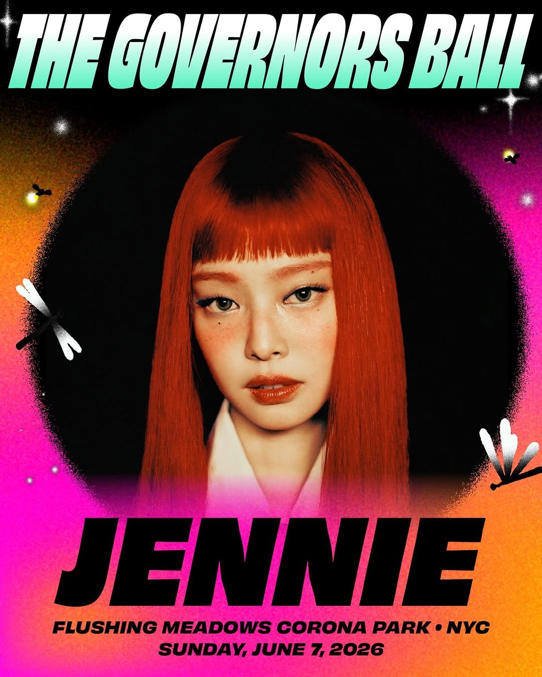 Photo shared by JENNIE HQ on January 06, 2026 tagging @govballnyc, and @jennierubyjane. May be an image of poster, magazine and text that says 'THE THEGOV GOV RNORS BALL JENNIE FLUSHING MEADOWS CORONA PARK • NYC SUNDAY, JUNE 7, 2026'.