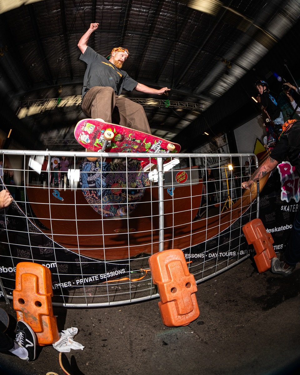 Photo shared by Jesse Noonan on August 07, 2025 tagging @volcom_oznz, @vansaustralia, @skullcandyoz, @sineyewear, @miamimarketta, @transitionphotography, @cockroach_wheels, @mentalofficial, @croclobster, @rocknslideskateboarding, and @surfacefestival. May be an image of 3 people, skateboard and text.
