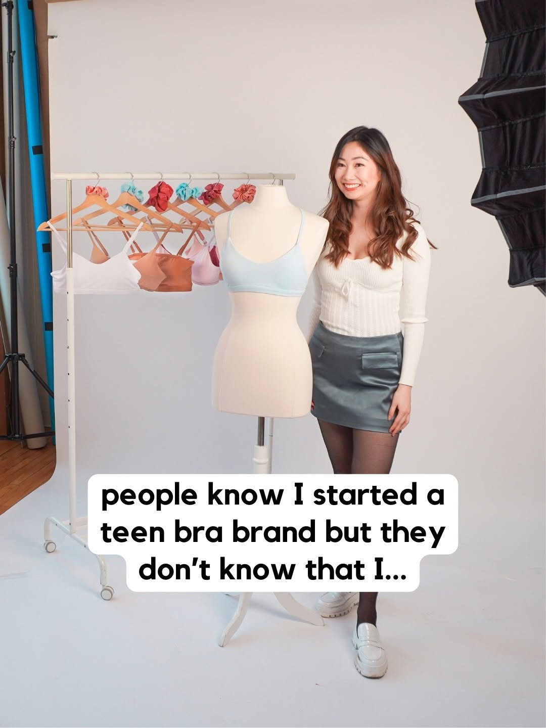 Photo shared by Jess Miao on March 14, 2026 tagging @apricottongirls. May be an image of standing, bra and text that says 'ህሕ people know know I started teen bra brand but they don't know that I...'.