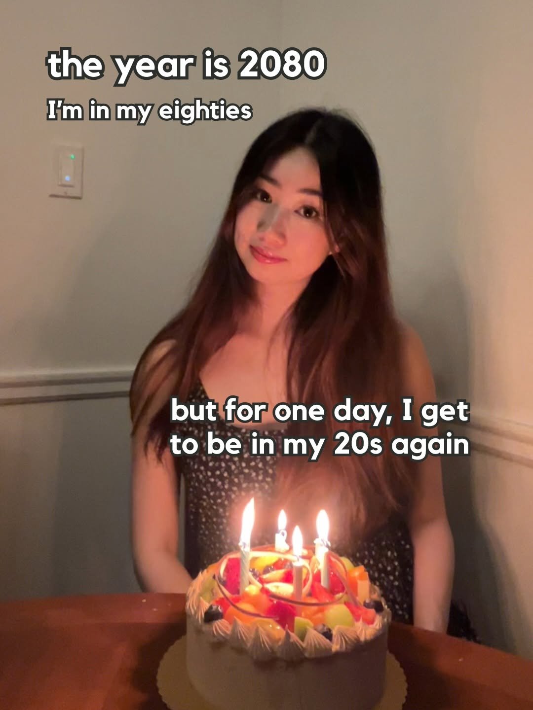 Photo by Jess Miao on April 02, 2026. May be a meme of candle, cake and text that says 'the year is 2080 I'm in my eighties but for one day, I get to be in my 20s again'.