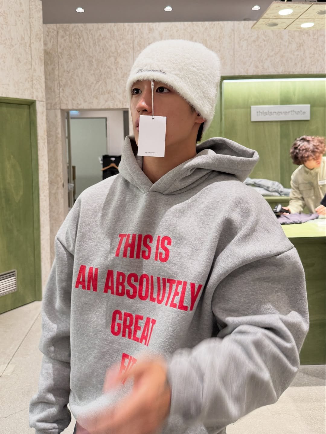 Photo shared by 지상근 / JIDAOL(지다올) on October 29, 2025 tagging @thisisneverthat. May be an image of sweatpants, sweater, fleece, parka, sweatshirt and text.