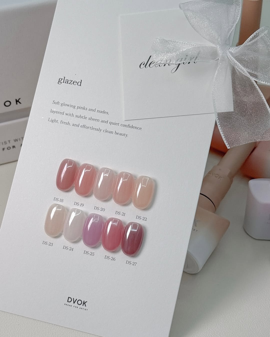 Photo by 진복네일 l 광명네일 • 광명사거리네일 in 광명사거리역 with @dvok_official. May be an image of one or more people, fingernails and text that says 'glazed OK ceang.!! give Soft- glowing pinks Sof-.glowing.pinksandnudes and nudes, layered with subtie sheen and quiet confidence Light, fresh, and effortiessly clean beauty. WI FOR CCO6ο DS-21 DS-18 C0000 DS-19 DS-20 DS-22 DS-23 DS-24 DS-25 DS-26 DS-27 NAND DVOK O AWTIST'.