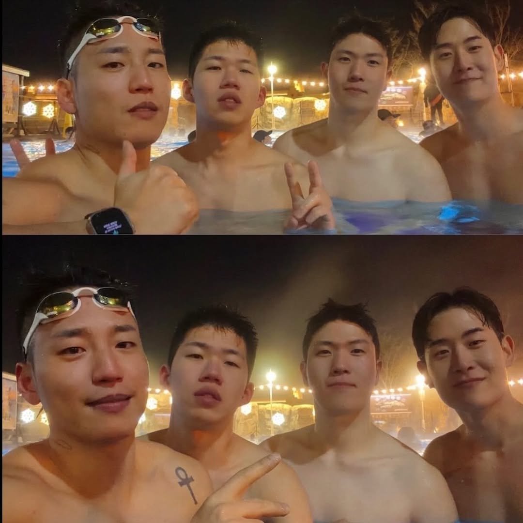 Photo shared by 진돗개 on January 31, 2026 tagging @seung__w000, @chun_hurt, and @jelly.the.bear. May be an image of pool and text.