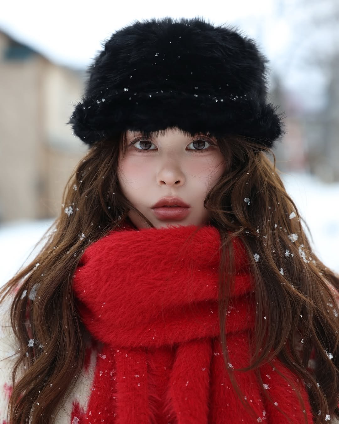 Photo shared by 진숭이🐒 on December 27, 2025 tagging @awesomeneeds, and @badblood__official. May be a closeup of one or more people, makeup, hair, duffle coat, sable coat, scarf, hat, parka, turtleneck, beret, snow and text.