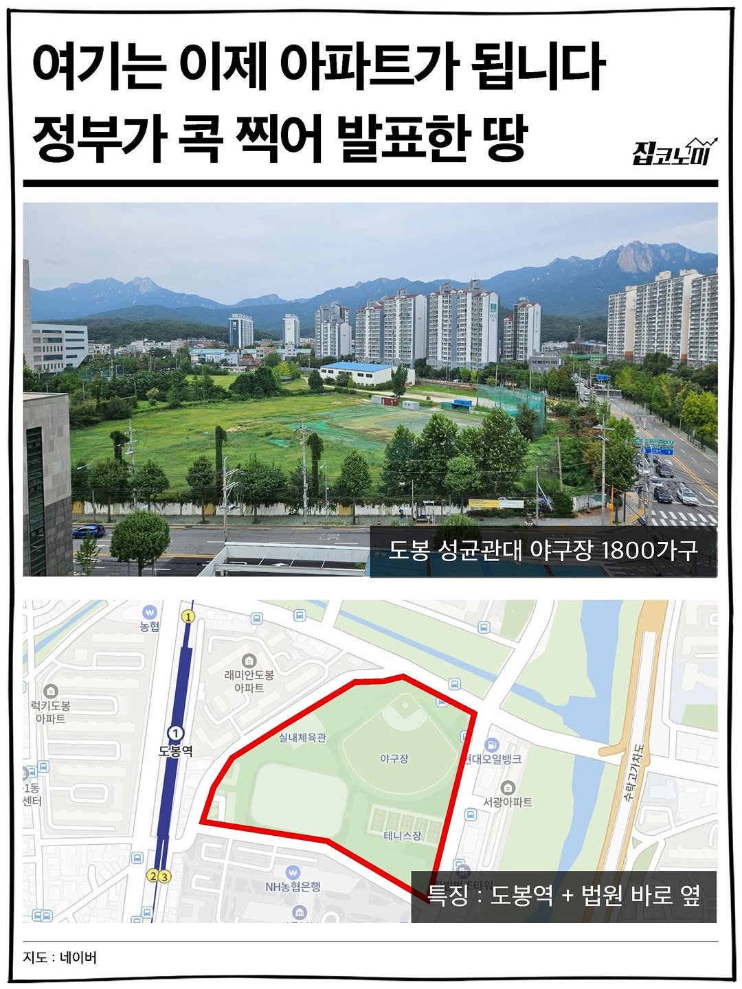 Photo by 집코노미 on September 15, 2025. May be an image of map and text that says '여기는 이제 아파트가 됩니다 정부가 콕 찍어 발표한 땅 집코노 圖I1 ZUTII manak 농협 도봉 성균관대 야구장 1800가구 러키도볼 아파트 1 래미안도봄 아파트 0 1 도불역 도봉 河日 1등 센터 실내체육관 관 야구장 보대오일병크 서랑아파트 日 23 터니스장 최고가조 NH농혐은행 NH농 지도:네이버 지도 네이버 특징 도봉역 + 법원 바로 옆'.