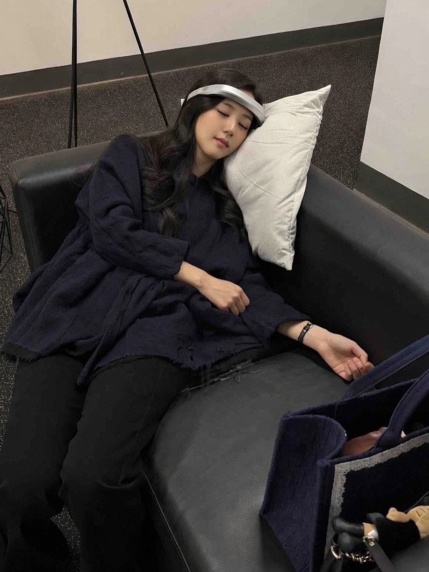 Photo shared by ˢᵒⁿᵃˡⁱ ᵈᵃˢ on February 20, 2026 tagging @sooyaaa__, and @blissoo_official. May be an image of sleeping, hat, chaise lounge, beanbag chair and text.