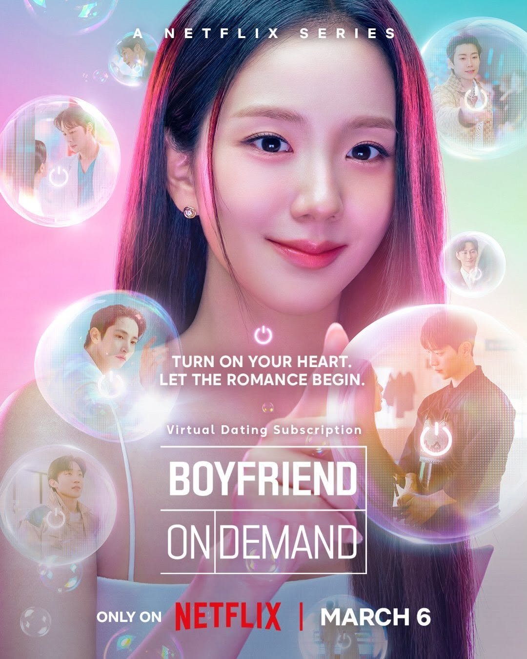 Photo shared by JISOO NEWS🪐 on February 18, 2026 tagging @netflix, @netflixkr, and @sooyaaa__. May be an image of poster and text that says 'NETFLIXSERIES NETFLIX SERIES TURN ON YOUR HEART. LET THE ROMANCE BEGIN. Virtual Dating Subscription BOYFRIEND ON DEMAND ONLY ON NETFLIX I MARCH 6'.