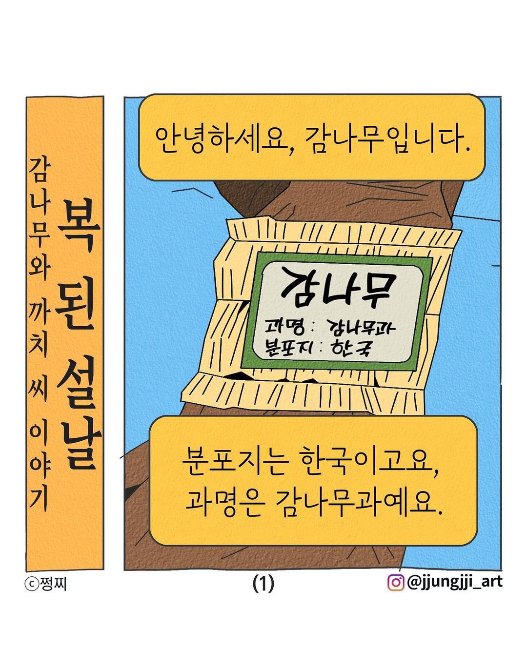 Photo by 쩡찌 / 땅콩일기 on February 14, 2026. May be an illustration of magazine, poster and text that says '안녕하세요, 감나무입니다. 감 감 中 무 나 복 와 된 치 씨 설 이 이어 야 날 기 감나무 과명: 과명:갑나무과 강나무과 분포지: 분포지:한국 한국 분포지는 한국이고요 과명은 감나무과예요. 쩡찌 (1) O@jjungjji_art'.