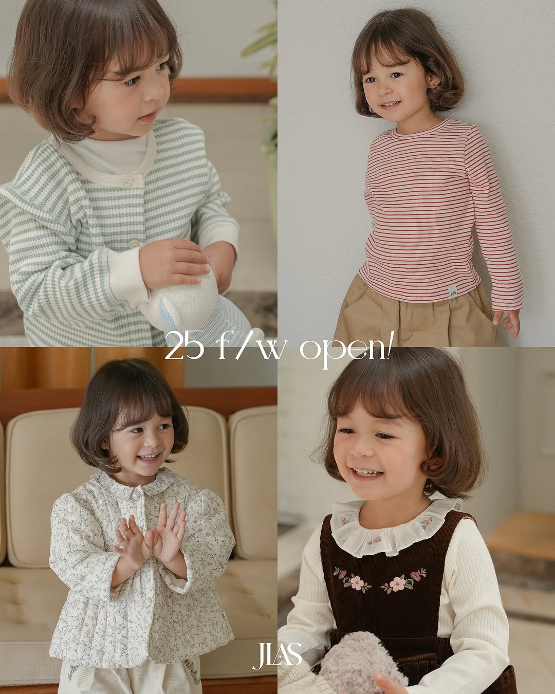 Photo by 제이라스 on August 26, 2025. May be an image of 4 people, child, turtleneck, top, overskirt, dress and text that says '25 f/w 25f/w 25f/wopen! W open! JLAS'.