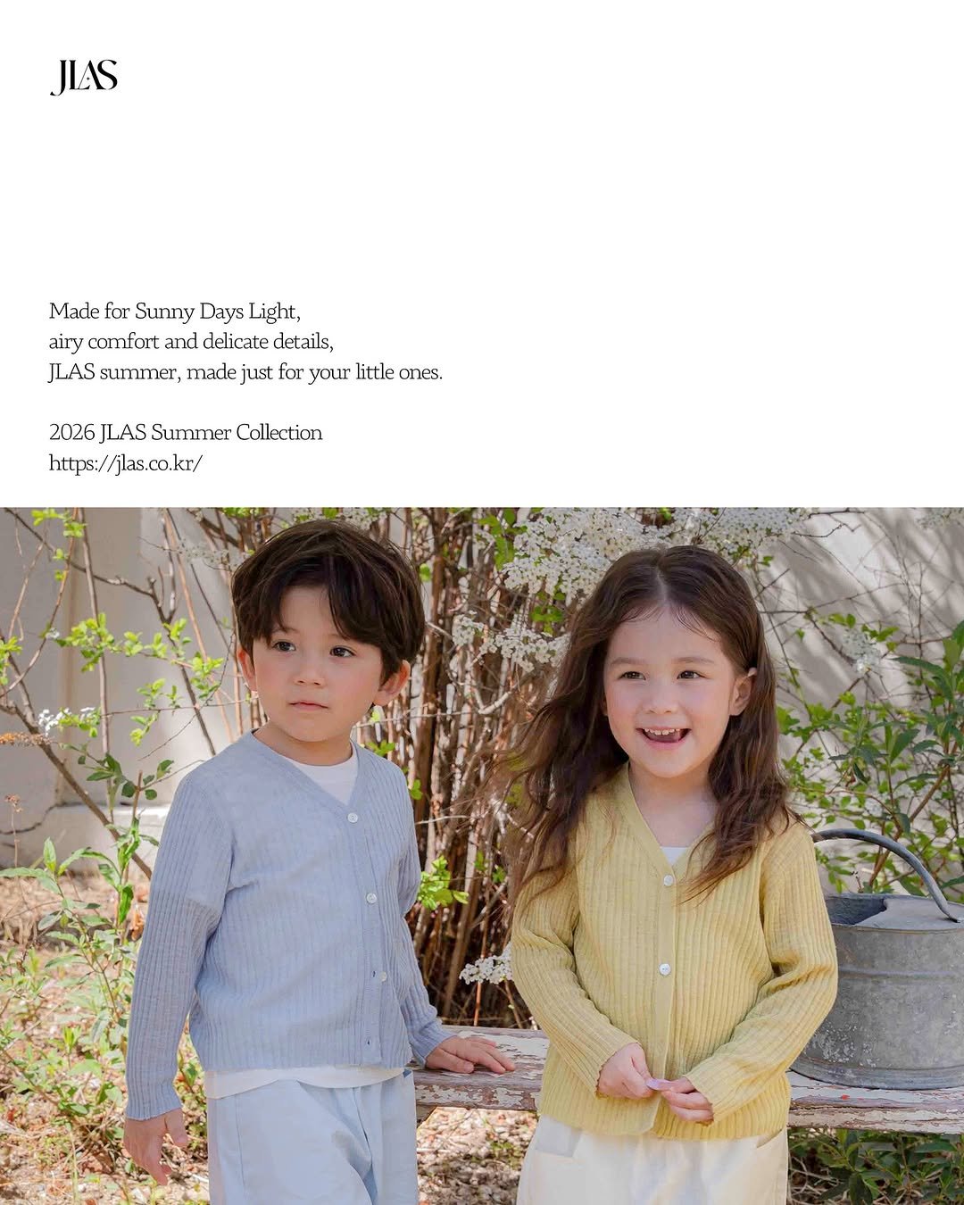 Photo by 제이라스 on April 22, 2026. May be an image of baby, sleepwear, duffle coat, dress and text that says 'JLAS Made for Sunny Days Light, airy comfort and delicate details, JLAS summer, made just for your little ones. 2026 JLAS Summer Collection https://jlas.co.kr/'.