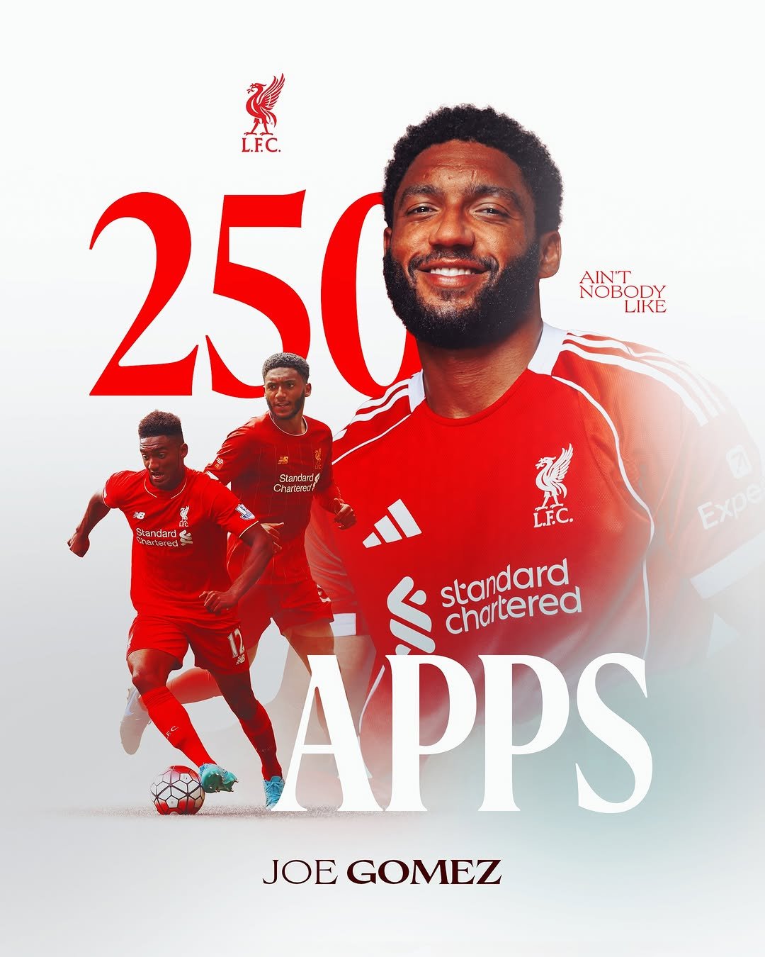 Photo shared by Liverpool Football Club on December 03, 2025 tagging @joegomez5. May be an image of football, soccer, poster, ball, card and stadium.