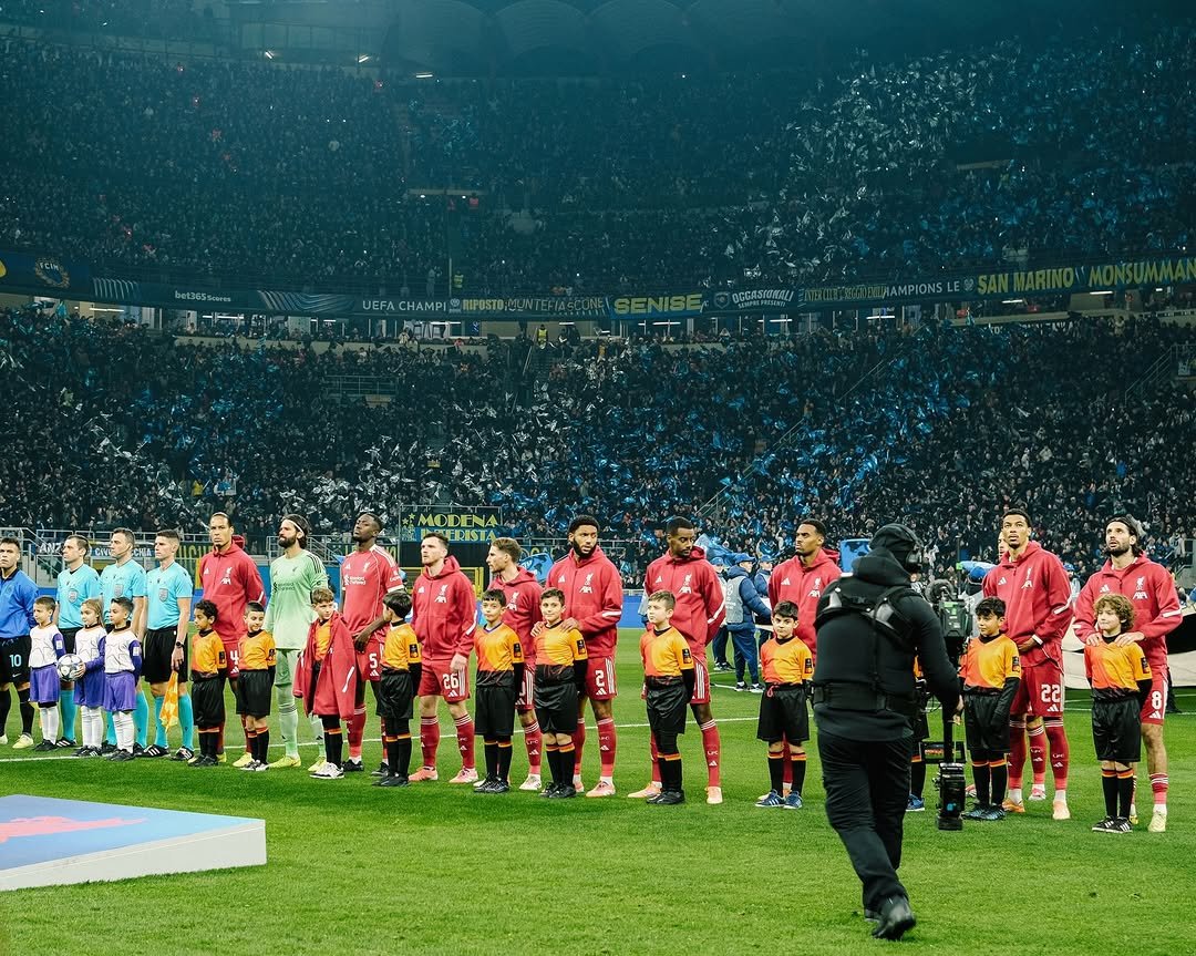 Photo shared by Joe Gomez on December 10, 2025 tagging @liverpoolfc. May be an image of football, soccer, crowd, stadium and text.