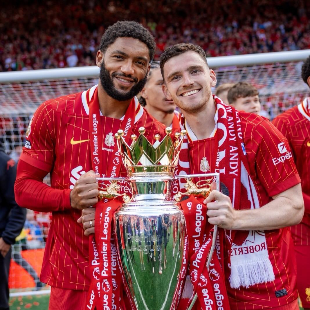 Photo shared by Joe Gomez on April 09, 2026 tagging @andyrobertson94. May be an image of ‎football, soccer, stadium and ‎text that says '‎eague League US रল ခဂဒ် C YANDY UAMU Cmler ANDY Εχρθι ਕভ League Premi- Premier rrem هع حن ទ 산성도 Lear L gue TR3HoR e League Premia Go 山 an6 อกว‎'‎‎.