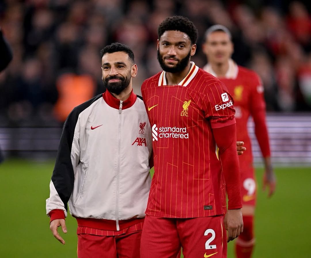 Photo shared by Joe Gomez on March 24, 2026 tagging @mosalah. May be an image of football, soccer, stadium and text that says 'LFC Expeci Exp LEC LEC standard chartered 2'.