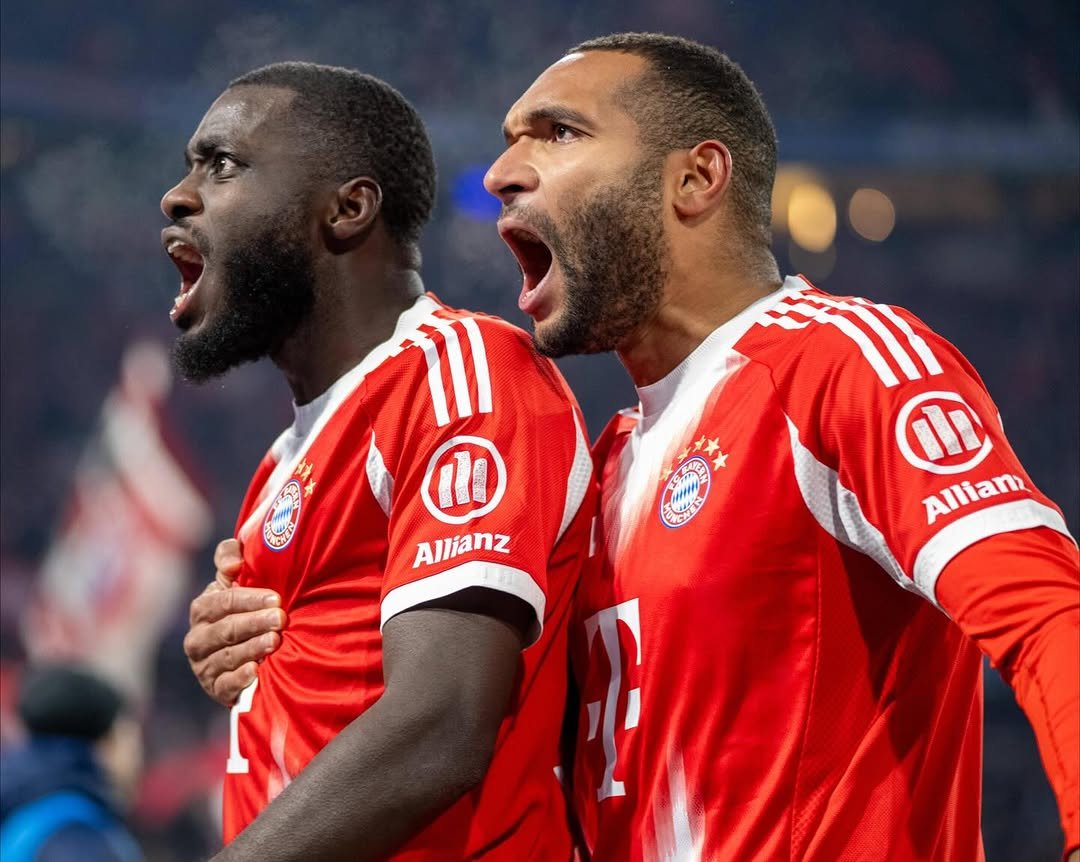 Photo shared by Jonathan Tah on November 22, 2025 tagging @upamecano. May be an image of football, soccer, stadium and text that says 'I0 Allianz Alliam'.