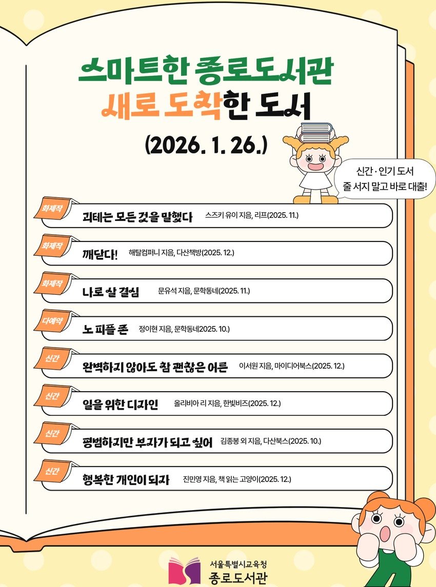Photo by 서울특별시교육청 종로도서관 on January 26, 2026. May be an image of calendar, poster and text that says '스마트한 스마트한종로도서관 종로도서관 새로 도착한 새로도착한도서 도서 (2026.1.26.) 26.) (2026. 화제작 괴테는 모든 것을 말했다 화제작 신간· 인기 인기도서 도서 서지 말고 바로 대출! 스즈키 유이 지음, 리프(2025. 11.) 깨닫다! 해랄컴퍼니지음,다산책방(2025.1 해탈컴퍼니지음, 다산책방(2025. 12.) 화제작 나로살결심 다예약 문유석지음,문학동네(2025. 문유석지음, 11.) 노피플론 점이현지음,문화동네2025.10. 노피플존점아지융,문혁동42021.10) 정이현지음 문학동네2025,10 신간 완벽하지 않아도 참 괜찮은 어른 신간 이서원지음, 지음, 마이디어복스(2025. 12) 일을위한디자인 위한 디자인 일을 신간 올리비아리지음, 한빛비즈(2025. 12.) 신간 평범하지만. 부자가 되고 싶어 김종봉외지음, 김중봉외지음,다산북스(2025.1 다산복스(2025. 10.) 행복한 행복한개인이되자 개인이 진민영 지음, 책읽는 고양이(2025. 12.) 서울특별시교육청 종로도서관'.