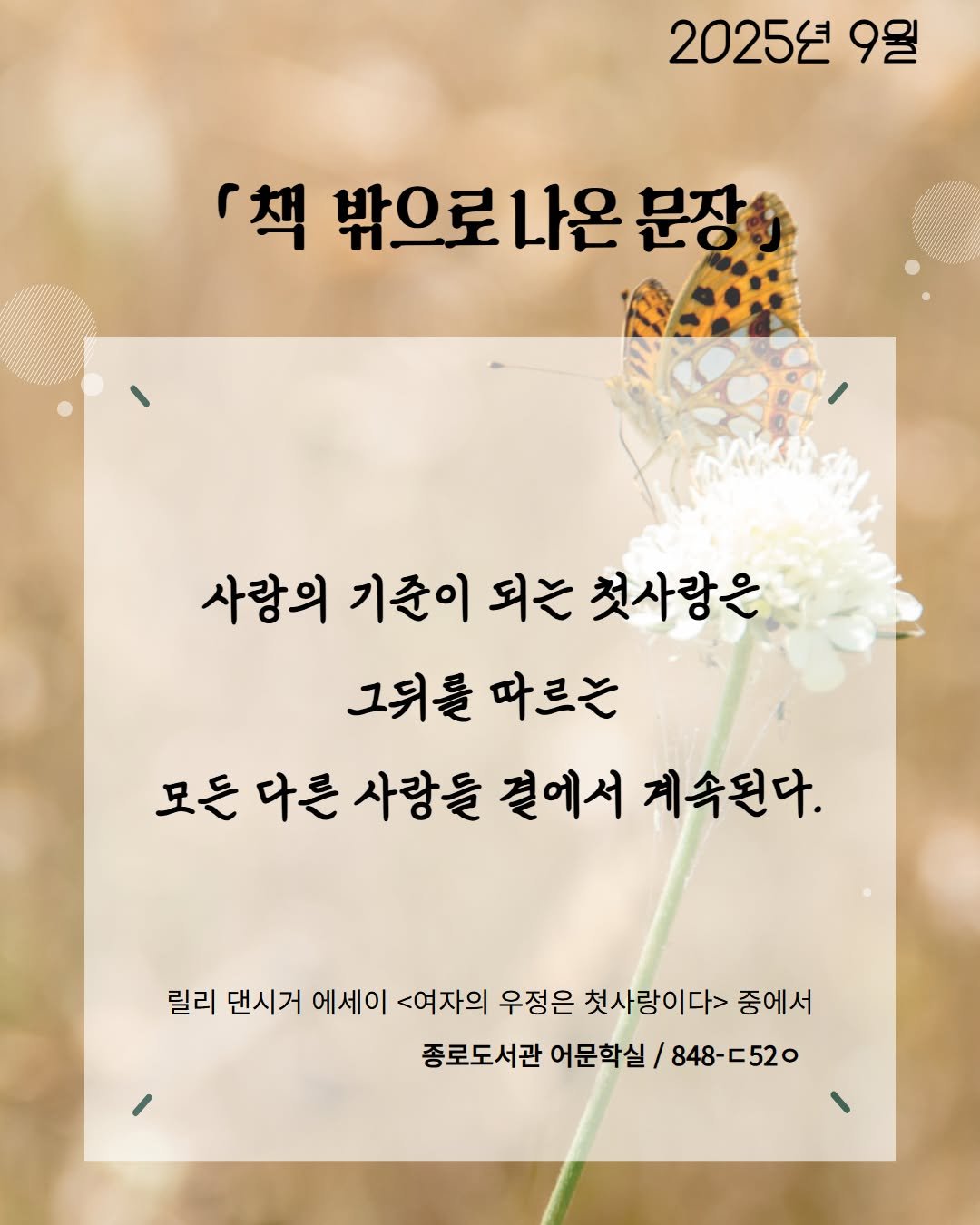 Photo by 서울특별시교육청 종로도서관 on August 26, 2025. May be an image of baby's-breath and text that says '2025년 9월 『책 밖으로나온 분장 사랑의 기준이되는첫사랑은 기준이 되는 첫사랑은 그뒤를따르는 따르는 그뒤를 모든다른사항들결에서계속된다. 사랑들 결에서 계속된다. 릴리 댄시거 에세이 <여자의 우정은 첫사랑이다> 중에서 종로도서관 어문학실/ / 848-C520'.