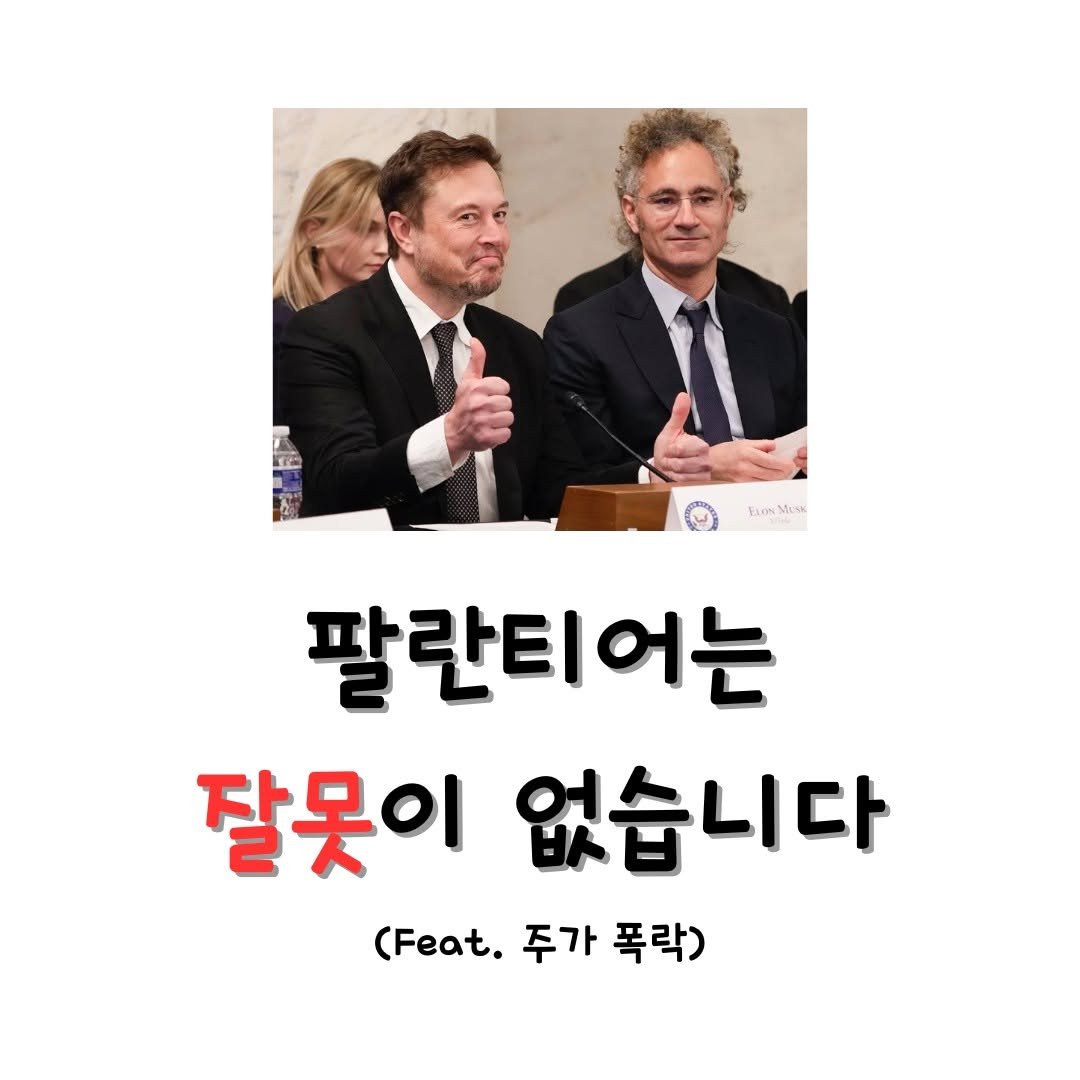 Photo by 미국주식 알려주는 주식비서에이치 on May 07, 2025. May be an image of 2 people and text that says 'Esen Misk 팔란티어는 어는 잘못이 없습니다 (Feat. 주가 폭락)'.