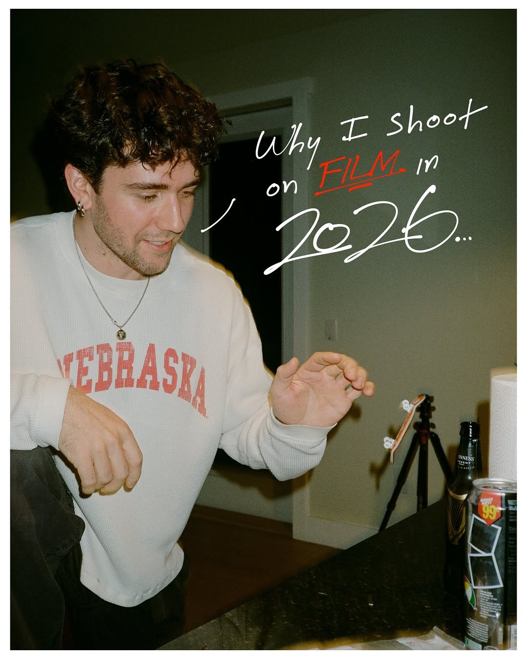 Photo by Jordan Watkins on April 27, 2026. May be an image of smoking, portable cassette player, poster, cigarette, tambourine and text that says 'Why FILM. in I shoot on 2026. VEBRASE AVESS'.