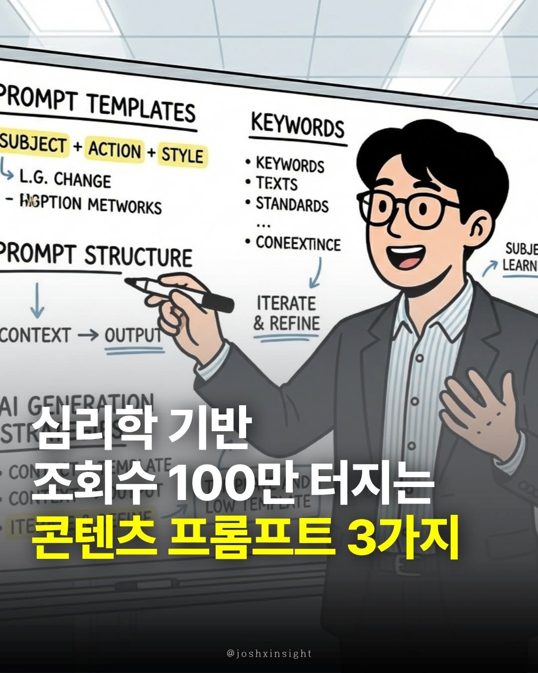 Photo by 조쉬의 SNS 인사이트 on February 09, 2026. May be a cartoon of ‎poster and ‎text that says '‎TEMPLATES SUBJECT + ACTION دا L.G. CHANGE - HIGPTION METWORKS STYLE KEYWORDS •KEYWORDS TEXTS •STANDARDS STRUCTURE o CONEEXTINCE CONTEXT → OUTPUT SUBJE LEARN ITERATE & REFINE AI GENERATION 참리학 기반 ST 조회수100만 조회수 100만 터지는 콘텐츠 프롬프트 3가지 @joshxinsigh‎'‎‎.